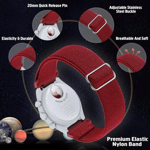 Vista 2 de Laband Correa elástica de nailon compatible con Omega X Swatch Moonswatch Speedmaster para mujeres y hombres, correa de reloj elástica suave
