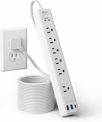 Vista 16 de SUPERDANNY - Protector de sobretensión con enchufe plano, tira de alimentación, cable de extensión ultra delgado de 6 pies con 3 USB