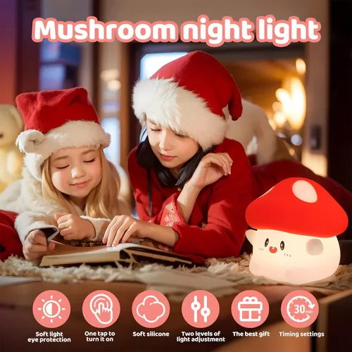 Vista 5 de Luz nocturna de hongos, lámpara de silicona blanda para niños, control de grifo, 2 niveles de brillo, batería de 50 horas, temporizador automático
