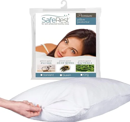 Vista 8 de Protector de almohada SafeRest Premium, hipoalergénico, a prueba de chinche de cama, con cierre zipper e impermeable, Algodón, Blanco, Estándar