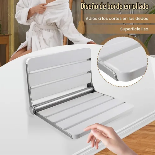 Vista 5 de Asiento de ducha plegable de teca montado en la pared, banco de ducha plegable de 16 pulgadas, carga máxima de 400 libras, diseño plegable que Blanco