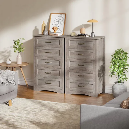 Vista 5 de Gizoon Cómoda de 5 cajones, armario de almacenamiento de madera gris ceniza para dormitorio, armario de almacenamiento de gran capacidad de 43.3
