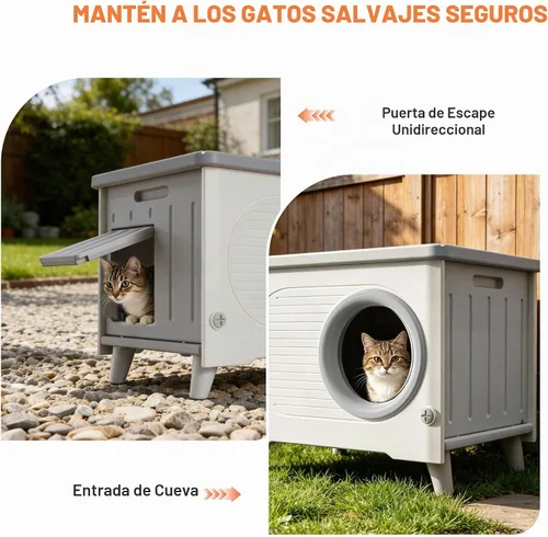 Vista 6 de Casa para gatos al aire libre, resistente a la intemperie, refugio para gatos con puerta de escape y solapa de puerta de PET, apilable elevado