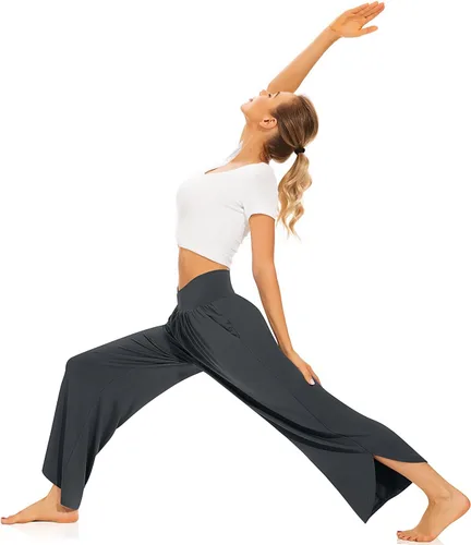 Vista 4 de TARSE Pantalones de pierna ancha para mujer, pantalones de yoga de cintura alta cruzada, pantalones casuales para descansar, pantalones de pijama