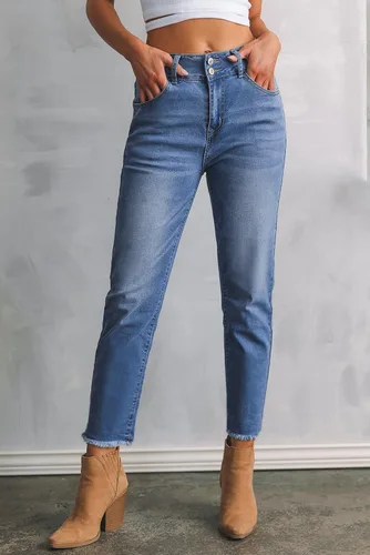Vista 2 de Sidefeel Jeans de cintura alta para mujer, con dobladillo sin procesar, pierna recta, pantalones de mezclilla