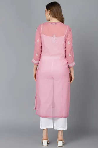 Vista 2 de Chandrakala Chikankari Kurti sintético Georgettte para mujer, semi transparente, túnica india (K161-P)