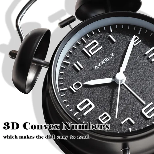 Vista 4 de AYRELY® Reloj despertador de campana doble súper fuerte para adultos de sueño pesado, 4 pulgadas, retro, silencioso, sin tictac, con luz nocturna