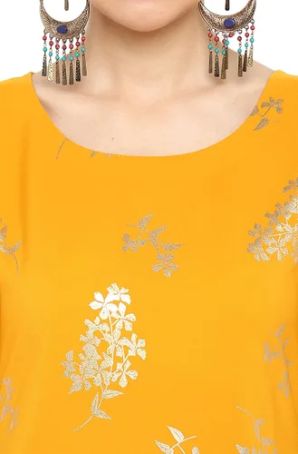 Vista 7 de Janasya Indian Women's Mustard Poly Crepe Foil Print Straight Kurta