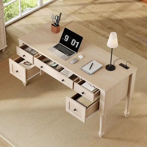 Vista 5 de WAMPAT Escritorio ejecutivo de madera con 5 cajones y estación de carga, beige, 56 pulgadas