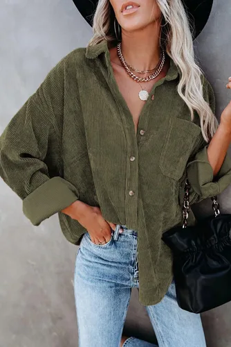 Vista 4 de Magritta Camisas de manga larga con cuello en V y botones para mujer, blusas de gran tamaño con bolsillos