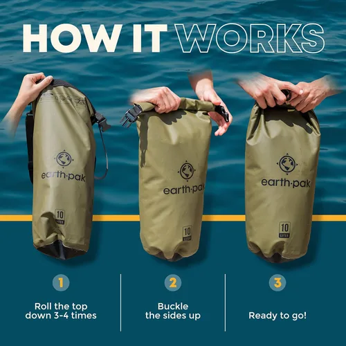 Vista 3 de Earth Pak Bolsa seca impermeable - Mochila impermeable con parte superior enrollable (verde bosque, 55L y 20L)