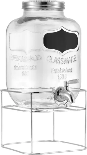 Vista 8 de Navaris Dispensador de bebidas con soporte de metal plateado, contenedor de bebidas de vidrio de 1.3 galones (5L) con grifo, dispensador de bebidas