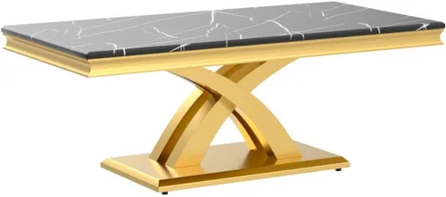Vista 4 de AUZ Mesa auxiliar negra y dorada de 48 pulgadas, mesa central rectangular de lujo con base de metal pulido en forma de X para sala de estar, oficina