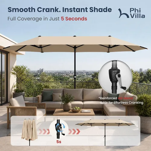 Vista 4 de PHI VILLA Sombrilla Grande de Patio de 13 Pies de Doble Cara Gemela para Mercado Exterior con Manivela, Beige 13x6.5 ft shade, rectangular, patio