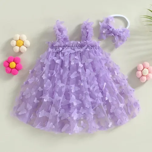 Vista 2 de Vestido de princesa para bebé niña 3D de malla de mariposa morada, sin mangas, de tul + diadema