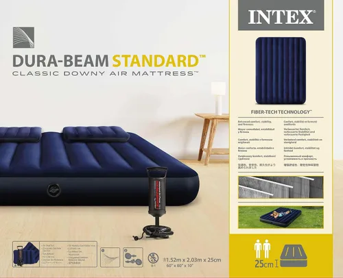 Vista 2 de Juego de colchón inflable mullido clásico Intex con 2 almohadas y bomba manual doble rápida, 2 plazas