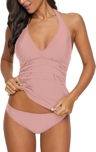 Vista 3 de GRAPENT Conjunto de tankini de dos piezas con cuello en V y espalda abierta para mujer
