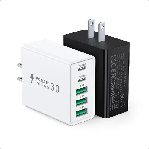 Vista 8 de [Paquete de 2] Cargador de pared USB C, bloque de cargador USB C de 60 W, bloques de carga rápida PD de 5 puertos, enchufe multipuerto 2USB C + 3USB