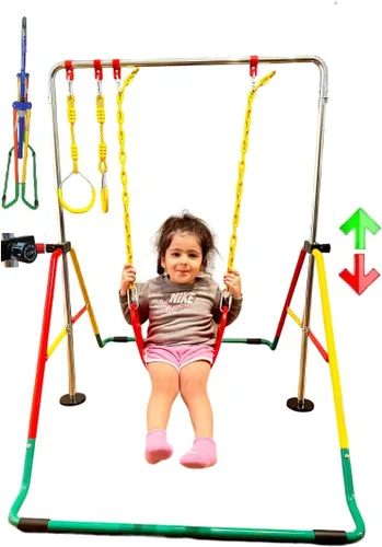 Vista 6 de Barra de entrenamiento de gimnasia para niños, barra plegable expandible 5 en 1 + alfombrilla de 6 x 2 pies, asiento de columpio, 2 anillos