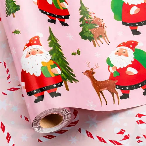 Vista 16 de Homeral Rollo de papel de regalo de Navidad, Papá Noel, muñeco de nieve y lazo y bastones de caramelo rosados, envoltura de regalo reversible