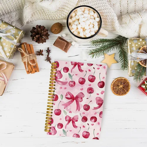 Vista 2 de Cuadernos de diario con lazos rosas de moda y cerezo, cuaderno en espiral preppy, lindo cuaderno de diario para niñas, suministros de oficina rosas