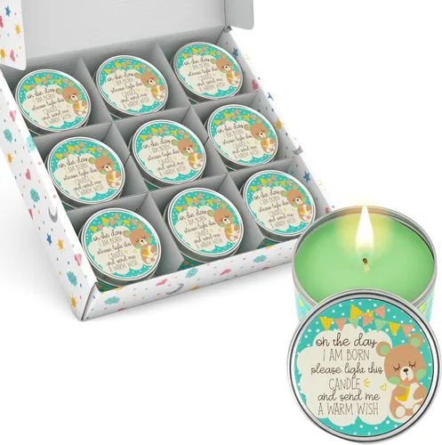 Vista 18 de Majestic Zen Juego de regalo de velas para baby shower, paquete de 9 velas de cera de soja perfumadas neutrales, aroma a polvo fresco para bebé, 30