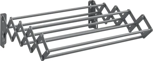 Vista 9 de SONGMICS Estante de secado de ropa, estante de secado de ropa montado en la pared, pequeño estante de lavandería acordeón, 9 varillas colgantes