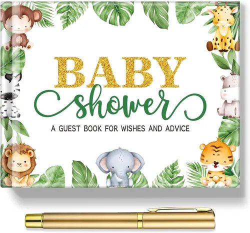 Vista 8 de Fuyoooo 27 piezas de libro de invitados para baby shower de safari en la jungla con tarjeta de lugar floral y sello de inicio de sesión para baby