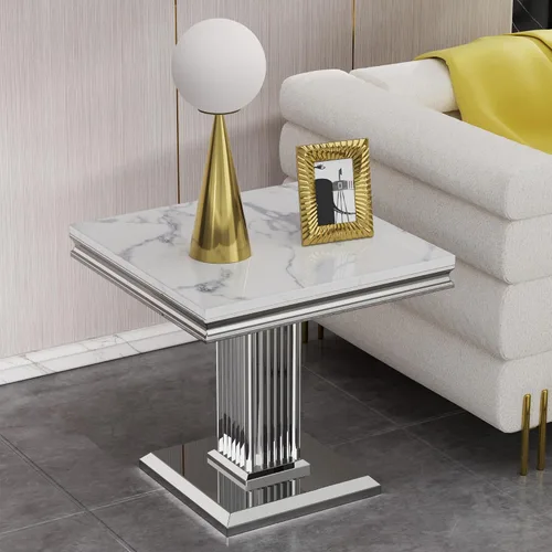 Vista 63 de SSLine Mesa de Centro Rectangular de Mármol Sintético para Sala de Estar, Mesa Central Moderna de Mármol Blanco de Lujo con Base Doble en Forma de U