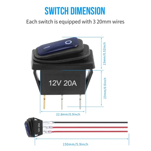 Vista 6 de Interruptor basculante de 12 V impermeable 5 piezas - Interruptor de palanca de 12 voltios con 3 cables desmontables de 20 cm, interruptores