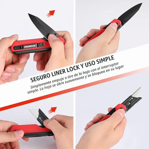 Vista 5 de WORKPRO Cuchillo plegable 2 en 1, cortador de caja de cambio rápido con clip para cinturón, bloqueo de revestimiento y mango G10, 10 cuchillas SK5