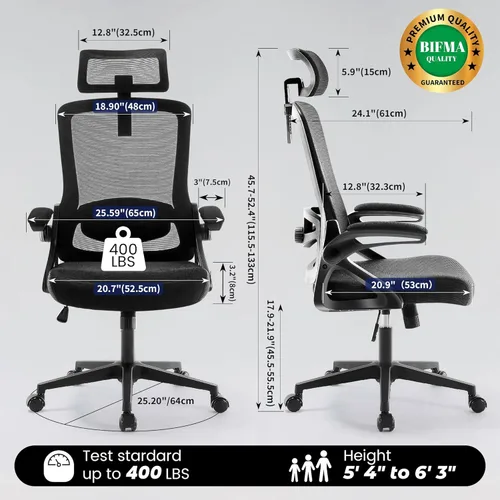 Vista 2 de Fizzin Silla de Oficina Ergonómica, Sillas de Computadora de 400 LBS con Soporte Lumbar Ajustable, Silla de Escritorio de Malla Transpirable Rosado