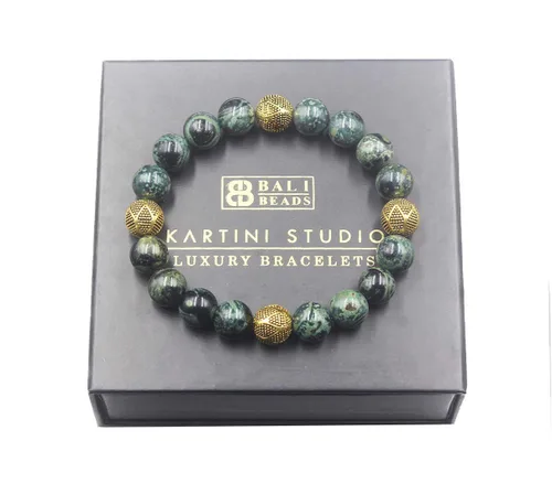 Vista 4 de Dark Green Jade and Gold Beads Bracelet, Jade Bracelet, Men's Jade Bracelet