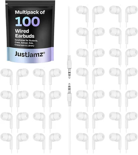 Vista 5 de JustJamz Paquete de 200 auriculares a granel para el aula, incluye 100 auriculares multicolor y 100 blancos con cable con conector de 0.138 in