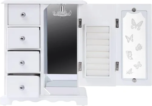 Vista 5 de DNYSYSJ Joyero, organizador de joyas pequeño de madera maciza para mujeres y niñas, con organizador de 4 cajones y carrusel de collar integrado