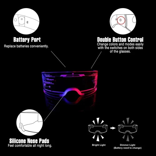 Vista 7 de Lentes de fiesta con luz LED, gafas con visera LED para niños y adultos, gafas luminosas de panal electrónico futurista, 7 colores, 4 modos