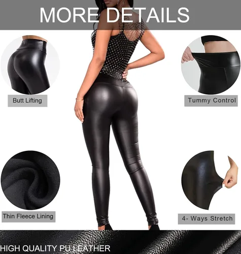 Vista 6 de MOSISON Pantalones de cuero sintético para mujer, de cintura alta, elásticos, de piel sintética