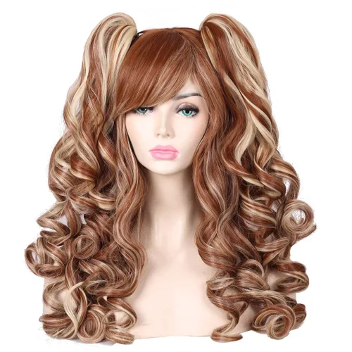Vista 25 de ColorGround Peluca larga y rizada para cosplay con 2 colas de caballo (azul celeste)