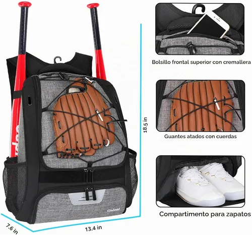 Vista 3 de Goloni Softball bag,Baseball Bag with Shoes Compartment and 2 Bat Holders Gris