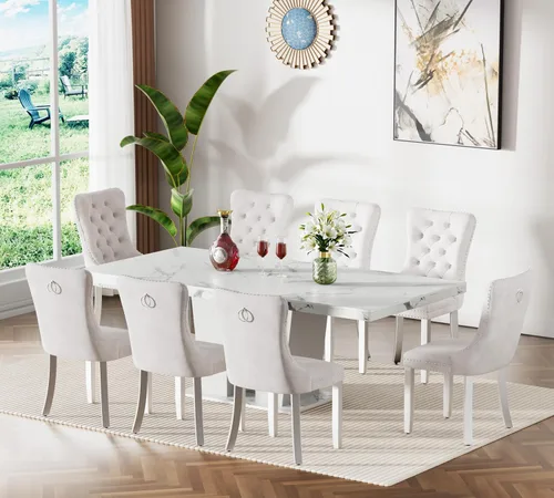 Vista 18 de Juego de mesa de comedor extensible de 63 a 79 pulgadas para 4, moderna mesa de cocina expandible con 4 sillas de terciopelo, mesa de madera gruesa