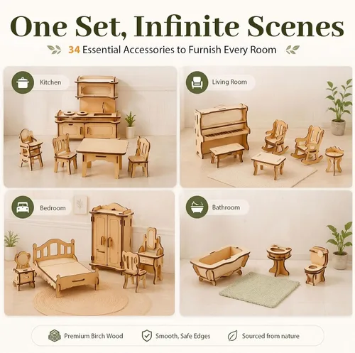 Vista 8 de LOVEINUSA Conjunto de muebles de casa de muñecas de madera, accesorios de habitación en miniatura del rompecabezas 3D, madera natural Miniature