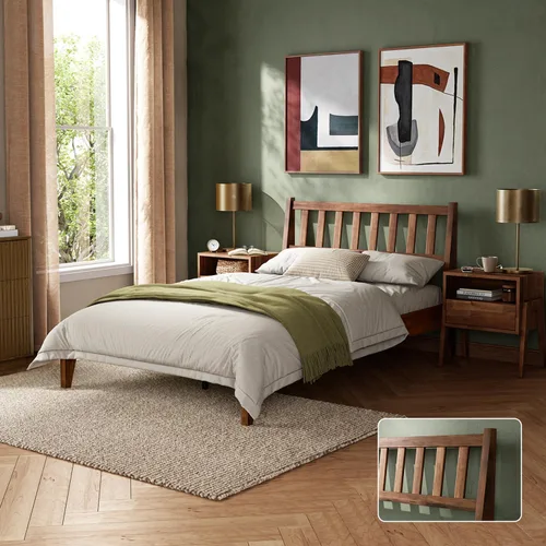 Vista 13 de mopio Ted - Marco de cama con cabecero, marco de cama de plataforma de madera maciza de acacia moderna de mediados de siglo, listones de madera, sin