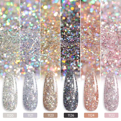 Vista 4 de GAOY Juego de Esmalte de Uñas con Purpurina Cromado Platino, 6 Colores Incluyendo Esmalte en Gel Brillante Resplandeciente UV LED Removible Negro