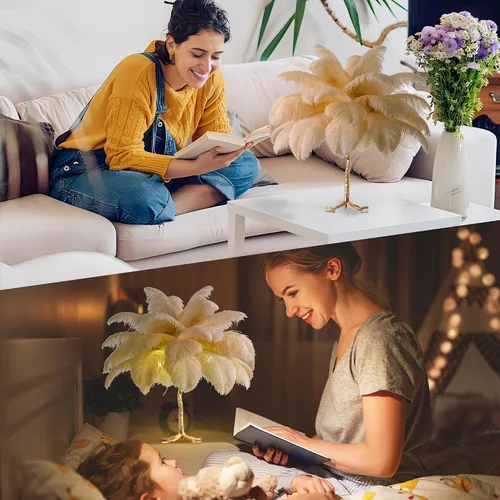 Vista 6 de MAYOLA Lámpara de mesa moderna de plumas de avestruz con cable enchufable, lámpara de pie de noche de 3 luces para sala de estar, dormitorio