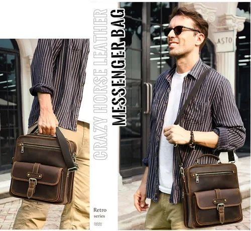 Vista 2 de Contacts Crazy Horse - Bolsa de mensajero de cuero para hombre de 12.9 pulgadas, bolsa para iPad con asa, bolsa de hombro cruzada, maletín vintage