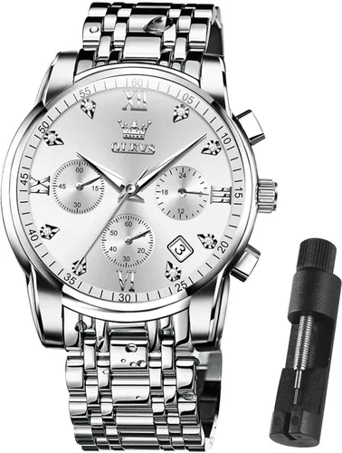 Vista 9 de OLEVS Relojes para hombre impermeables de acero inoxidable con pulsera ajustable, reloj analógico de cuarzo para hombre, moda de negocios, clásico