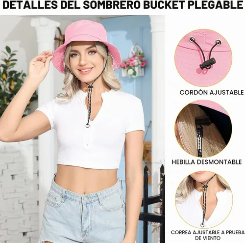 Vista 6 de Packable Bucket Hat for Women Waterproof UV Protection Sun Hat Rosa