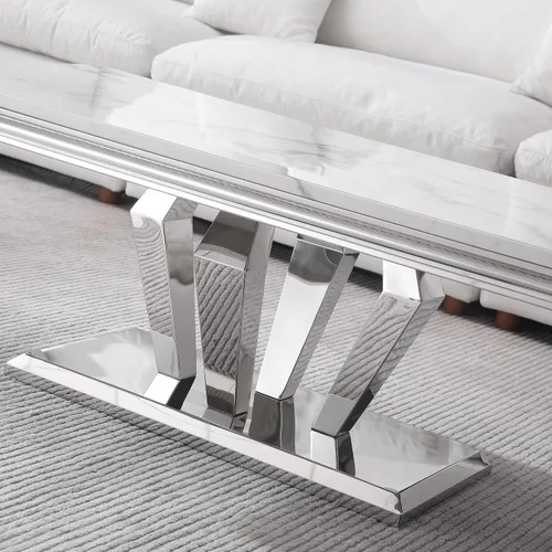 Vista 6 de Mesa auxiliar rectangular moderna de mármol blanco con parte superior de mármol de 0.71 pulgadas de grosor, base de acero inoxidable en forma de U