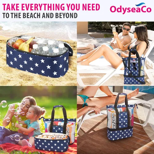 Vista 6 de Odyseaco Bolsa de playa impermeable con compartimento refrigerador, bolsas de playa impermeables a prueba de arena para mujeres, bolsa de piscina