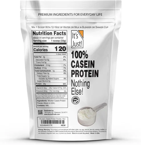 Vista 2 de It's Just! - Proteína en Polvo 100% Caseína, Hecho en EE.UU., Un Ingrediente, Combustión Lenta, Liberación Prolongada (1 Libra (Paquete de 1), Sin